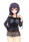  belt black_hair bracelet earrings hand_on_hip hayakawa_akari highres jewelry long_hair looking_at_viewer mole necklace red_eyes shirt shorts smile solo standing transparent_background 