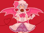  bat_wings chocolate chocolate_heart eating frills gloves hat heart highres looking_at_viewer meiji_(charisma_serve) mouth_hold pointing pointy_ears red_background remilia_scarlet ribbon short_sleeves solo touhou valentine wings yellow_eyes 