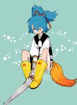  bandages blue_hair boots closed_umbrella green_eyes l_hakase male_focus rubber_boots sayo_samonji sitting solo touken_ranbu twitter_username umbrella yellow_footwear 