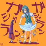  blue_eyes blue_hair closed_umbrella denden_daiko ema full_body geta heterochromia karakasa_obake kitano_(kitanosnowwhite) looking_down open_mouth orange_background puffy_sleeves rattle_drum red_eyes shirt short_hair short_sleeves simple_background skirt skirt_lift solo tatara_kogasa text_focus tongue tongue_out touhou tsukumogami umbrella vest 