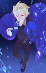  black_(kekkai_sensen) blonde_hair eyewear_removed glasses holding holding_eyewear kekkai_sensen long_coat looking_at_viewer male_focus mask_alice red_eyes shards solo 