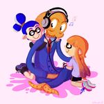  2boys bangs blue_hair blunt_bangs crossover formal headphones inkling monster_boy multiple_boys necktie octodad octodad_(series) orange_hair otherbuttons shoes sneakers splatoon_(series) splatoon_1 suit tentacle_hair tentacles 