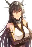  bare_shoulders black_gloves black_hair breasts crossed_arms dated elbow_gloves fingerless_gloves gloves headgear kantai_collection large_breasts light_smile lips long_hair nagato_(kantai_collection) red_eyes simple_background smile solo tomozo_kaoru twitter_username upper_body white_background 