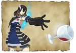  alcohol black_hair bloodstained:_ritual_of_the_night blue_eyes brown_hair concept_art cup detached_sleeves drinking_glass gauntlets gradient_hair hair_between_eyes hair_ornament miriam_(bloodstained) multicolored_hair natsume_yuji official_art short_hair solo stained_glass wine_glass 