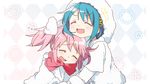  :d asano_yume bad_id bad_pixiv_id blue_hair closed_eyes fur_coat hair_ornament hairclip highres hug kaname_madoka mahou_shoujo_madoka_magica miki_sayaka multiple_girls open_mouth pink_hair short_twintails smile twintails 