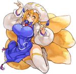  \m/ adapted_costume alternate_costume animal_ears blonde_hair blush breasts double_\m/ fox_ears fox_tail full_body hat large_breasts long_sleeves mob_cap multiple_tails perky_breasts sachito simple_background smile solo tabard tail thighhighs touhou white_background white_legwear yakumo_ran yellow_eyes zettai_ryouiki 