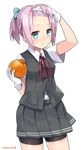  1girl 2015 :o bike_shorts blue_eyes blush dated food fruit gloves hand_in_hair highres holding holding_fruit kantai_collection kuro_chairo_no_neko object_namesake open_mouth orange paw_print pink_hair pleated_skirt red_ribbon ribbon shiranui_(kantai_collection) short_hair short_ponytail simple_background skirt solo twitter_username vest white_background white_gloves 