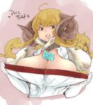  absurdres ahoge anila_(granblue_fantasy) bad_id bad_pixiv_id blonde_hair breasts cleavage draph dress_pull eyebrows fur_trim gloves granblue_fantasy highres horns huge_breasts long_hair parted_lips price_tag sheep_horns solo thick_eyebrows topo_(bacchustab) translation_request yellow_eyes 