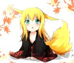  animal_ears blonde_hair fox_ears fox_tail green_eyes japanese_clothes long_hair original solo tail tosura-ayato 