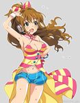  aqua_eyes armpits bow brown_hair colored_stripes grey_background hair_bow headset high_ponytail hino_akane_(idolmaster) idolmaster idolmaster_cinderella_girls mizuki_makoto navel open_mouth shirt shorts simple_background solo striped striped_bow striped_shirt sweat wrist_cuffs 