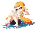  armpits ass barefoot bike_shorts blueberry_(5959) domino_mask fangs full_body inkling long_hair looking_at_viewer mask one_eye_closed open_mouth orange_eyes orange_hair paint pointy_ears sexually_suggestive shirt shoe_ribbon shoes shorts single_shoe sitting solo splatoon_(series) splatoon_1 tears tentacles torn_clothes torn_shirt torn_shorts transparent_background white_shirt 