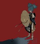  artist_name bandages blue_hair flower hat l_hakase male_focus red_background sandals sayo_samonji shadow simple_background solo standing touken_ranbu twitter_username 