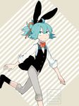  animal_ears artist_name bandaid bandaid_on_face blue_hair bow bowtie bunny_ears bunny_tail hair_bow l_hakase looking_up male_focus sayo_samonji solo tail touken_ranbu twitter_username walking 