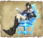  bangs black_hair bloodstained:_ritual_of_the_night blue_eyes brown_hair concept_art crossed_bangs crossed_legs cup detached_sleeves gauntlets gradient_hair hair_between_eyes hair_ornament looking_at_viewer miriam_(bloodstained) multicolored_hair natsume_yuji official_art short_hair sitting solo stained_glass teacup 