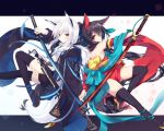  2girls animal_ears asaki_yukiko black_hair collaboration highres japanese_clothes katana long_hair multiple_girls nagishiro_mito nekoboshi_sakko original red_eyes smile sword tail thighhighs weapon white_hair yellow_eyes 