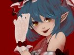  :p blue_hair dress frills gloves hat looking_at_viewer meiji_(charisma_serve) pointy_ears red_background remilia_scarlet ribbon sleeveless sleeveless_dress solo tongue tongue_out touhou yellow_eyes 