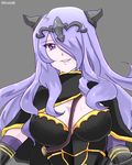  1girl armor between_breasts breasts camilla_(fire_emblem) camilla_(fire_emblem_if) circlet cleavage elbow_gloves fire_emblem fire_emblem_if gauntlets gloves grey_background hair_over_one_eye long_hair open_mouth purple_eyes purple_hair see-through simple_background solo strap strap_cleavage twitter_username 