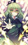  blush dress gradient gradient_background green_dress green_eyes green_hair hat lightning long_sleeves looking_at_viewer miruki outstretched_arms parted_lips short_hair soga_no_tojiko solo tate_eboshi touhou 