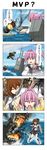  3girls 4koma brown_eyes brown_hair burning closed_eyes comic enemy_aircraft_(kantai_collection) fire folded_ponytail gloves grey_eyes highres i-class_destroyer ikazuchi_(kantai_collection) inazuma_(kantai_collection) kantai_collection multiple_girls neck_ribbon nu-class_light_aircraft_carrier open_mouth pink_hair ponytail rappa_(rappaya) red_ribbon ribbon shinkaisei-kan shiranui_(kantai_collection) torn_clothes translated 