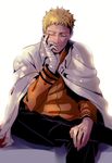  1boy bandaged_arm blonde_hair cloak eyes_closed hand_on_face legs_crossed naruto naruto_gaiden simple_background sitting solo spiked_hair um-mmma uzumaki_naruto very_short_hair whiskers 