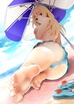  aqua_bikini_bottom aqua_footwear aqua_hat ass atago_(kantai_collection) bad_feet bad_id bad_pixiv_id bare_legs barefoot beach bikini_bottom blanket blonde_hair blue_sky body_blush breast_squeeze breasts cloud commentary_request day feet floral_print foreshortening grey_eyes kantai_collection large_breasts long_hair looking_at_viewer looking_back lying momochieri on_side outdoors parasol pov_feet print_footwear sandals sandals_removed sideboob skindentation sky soles solo swimsuit toes topless umbrella 