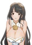  bangs bare_shoulders black_eyes black_hair breasts brown_eyes china_dress chinese_clothes cleavage cleavage_cutout covered_nipples dress flower goggles goggles_on_head granblue_fantasy jessica_(granblue_fantasy) large_breasts long_hair open_mouth pupps rose simple_background sleeveless sleeveless_dress smile solo upper_body very_long_hair white_background white_dress yellow_flower yellow_rose 