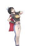  34no404 belt black_gloves black_hair blue_eyes breasts bulge cape cowboy_shot frog futanari gloves goggles goggles_on_head head_tilt large_breasts looking_at_viewer may_lee navel pants shirt short_hair solo t-shirt the_king_of_fighters 