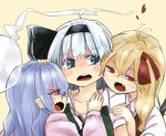  3girls blonde_hair blue_hair blush collarbone fangs flandre_scarlet green_eyes hair_ornament hair_ribbon hairband heart hitodama konpaku_youmu konpaku_youmu_(ghost) long_hair long_sleeves looking_at_another multiple_girls no_hat open_mouth profile red_eyes remilia_scarlet ribbon short_hair short_sleeves siblings side_ponytail silver_hair simple_background sisters sweatdrop tears touhou upper_body waira yellow_background yuri 