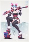  ankle_boots antlers bangs banned_artist bell bell_collar belt black_legwear blue_hair boots box breasts christmas christmas_lights cleavage collar detached_sleeves fur_trim gift gift_box gloves hair_over_one_eye headphones huge_weapon large_breasts original over_shoulder panties pantyshot pantyshot_(sitting) paul_kwon project_mekanizer red_gloves reindeer_antlers short_hair sitting solo striped striped_panties swept_bangs sword thighhighs underwear weapon weapon_over_shoulder 
