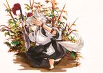  adapted_costume alternate_costume animal_ears barefoot full_body hakama hat inubashiri_momiji japanese_clothes kimono long_sleeves looking_at_viewer looking_back red_eyes short_hair silver_hair smile smirk soles solo squatting string sword tail tiptoes toeless_legwear tokin_hat tora_jun touhou weapon wide_sleeves wolf_ears wolf_tail 