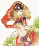  bad_id bad_twitter_id blonde_hair blue_eyes chain cowboy_shot crop_top flower hood looking_away midriff odin_sphere plant puffy_short_sleeves puffy_sleeves short_sleeves showgirl_skirt skirt solo standing thighhighs velvet_(odin_sphere) weapon white_background yogisya 