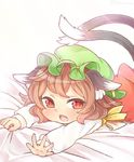  animal_ears brown_eyes brown_hair cat_ears cat_tail chen commentary fang green_hat hat ibaraki_natou jewelry long_sleeves lying mob_cap multiple_tails nekomata on_stomach open_mouth short_hair single_earring solo tail touhou two_tails 