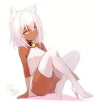  animal_ears bell bell_collar collar commentary dark_skin high_heels jpeg_artifacts minoa_(lastswallow) solo thighs white_background white_hair yellow_eyes 