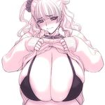  asymmetrical_hair blush bra breasts cardigan cleavage clothes_lift duplicate galko gigantic_breasts long_hair magaki_ryouta one_side_up oshiete!_galko-chan scrunchie side_bun skindentation solo sweater sweater_lift underwear 