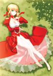  ahoge barefoot blonde_hair breasts dress fate/extra fate_(series) green_eyes large_breasts nero_claudius_(fate) nero_claudius_(fate)_(all) red_dress see-through solo yaho_(yaho0211) 