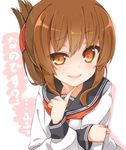  :d brown_eyes brown_hair crossed_arms finger_to_chin folded_ponytail inazuma_(kantai_collection) kantai_collection long_sleeves looking_at_viewer nanodesu_(phrase) neckerchief open_mouth rateratte sailor_collar school_uniform serafuku smile solo upper_body 