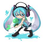  black_skirt blue_eyes blue_hair boots cosplay domino_mask full_body hatsune_miku hatsune_miku_(cosplay) headphones heart holding inkling long_hair mask necktie pleated_skirt shoumaru_(gadget_box) simple_background skirt smile solo splatoon_(series) splatoon_1 spring_onion super_soaker tentacle_hair thigh_boots thighhighs twintails vocaloid white_background zettai_ryouiki 