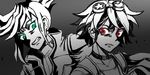  blue_eyes choker chorogy clenched_teeth goggles goggles_on_head jacket_on_shoulders monochrome multiple_boys red_eyes sakaki_yuuya spot_color teeth yuu-gi-ou yuu-gi-ou_arc-v yuugo_(yuu-gi-ou_arc-v) 