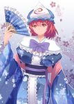  arm_strap bad_id bad_pixiv_id blue_dress breasts capelet dress fan floral_print folding_fan hat highres large_breasts long_sleeves looking_at_viewer mob_cap pink_eyes pink_hair saigyouji_yuyuko sash shawl smile solo touhou triangular_headpiece veil wide_sleeves x&amp;x&amp;x 