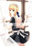  ahoge artoria_pendragon_(all) back blonde_hair fate/stay_night fate_(series) green_eyes maid saber skirt solo window yaho_(yaho0211) 