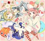  blonde_hair blue_eyes blue_hair blush candy cherry cushion food fruit hair_ribbon hinata_yukari holding_hands ichii_yui koi kokeshi lollipop long_sleeves multiple_girls navel nonohara_yuzuko over-kneehighs pink_eyes pink_hair pocky ribbon sheep short_hair side_bun side_ponytail striped striped_legwear sunameri_oishii thighhighs twintails yellow_eyes yuyushiki 