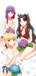  artoria_pendragon_(all) bandeau bikini blonde_hair breasts brown_hair cleavage fate/stay_night fate_(series) flower hydrangea long_legs looking_at_viewer matou_sakura medium_breasts multiple_girls parted_lips purple_hair saber small_breasts smile swimsuit toosaka_rin yaho_(yaho0211) 