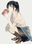  bangs black_hair black_legwear clothes_around_waist drinking full_body grey_background grey_eyes highres kneehighs loafers looking_at_viewer original ponytail shoes short_sleeves simple_background skirt solo squatting vient 