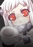  :t against_fourth_wall against_glass bad_id bad_pixiv_id fourth_wall horns kantai_collection long_hair looking_at_viewer mallizmora mittens northern_ocean_hime pale_skin red_eyes shinkaisei-kan solo white_hair 