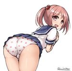  ass bent_over don_(29219) food_print from_behind hair_bobbles hair_ornament kantai_collection looking_back open_mouth panties pink_eyes pink_hair pleated_skirt print_panties sailor_collar sazanami_(kantai_collection) school_uniform serafuku short_twintails skirt solo strawberry_panties strawberry_print trefoil twintails twitter_username underwear white_background white_panties 