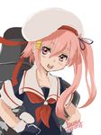  2015 4suke :d black_gloves dated flower gloves hair_flower hair_ornament hair_ribbon hairclip hands_on_hips harusame_(kantai_collection) hat kantai_collection long_hair machinery open_mouth pink_eyes pink_hair ribbon school_uniform serafuku short_sleeves side_ponytail simple_background smile solo twitter_username upper_body white_background 