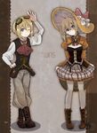 :o ;) alternate_costume blonde_hair blue_eyes bob_cut boots bow breasts brown_footwear cleavage cross-laced_footwear erica_hartmann frills full_body glasses goggles goggles_on_head grey_legwear hand_on_headwear hand_on_hip hat hat_bow ika_(hinatu1992) lace-up_boots long_sleeves military military_uniform multiple_girls one_eye_closed open_mouth pants pantyhose puffy_long_sleeves puffy_sleeves short_hair siblings sisters skirt skirt_lift small_breasts smile standing steampunk strike_witches striped striped_skirt twins uniform ursula_hartmann world_witches_series 
