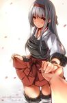  2015 artist_name blush brown_eyes dated hairband hands holding_hands japanese_clothes kantai_collection long_hair looking_at_viewer muneate no_panties petals shoukaku_(kantai_collection) silver_hair simple_background skirt skirt_lift smile thighhighs wading water windforcelan 
