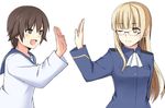 blonde_hair brown_eyes brown_hair glasses high_five military military_uniform miyafuji_yoshika momiji7728 multiple_girls one_eye_closed open_mouth perrine_h_clostermann smile strike_witches uniform world_witches_series yellow_eyes 
