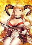  ahoge anila_(granblue_fantasy) bad_id bad_twitter_id blonde_hair breasts brown_eyes cleavage covered_navel draph eyebrows fur_trim gloves granblue_fantasy horns large_breasts long_hair mikurou_(nayuta) pleated_skirt polearm ribbon-trimmed_skirt ribbon_trim sitting skirt smile solo staff thighhighs weapon white_gloves white_legwear 